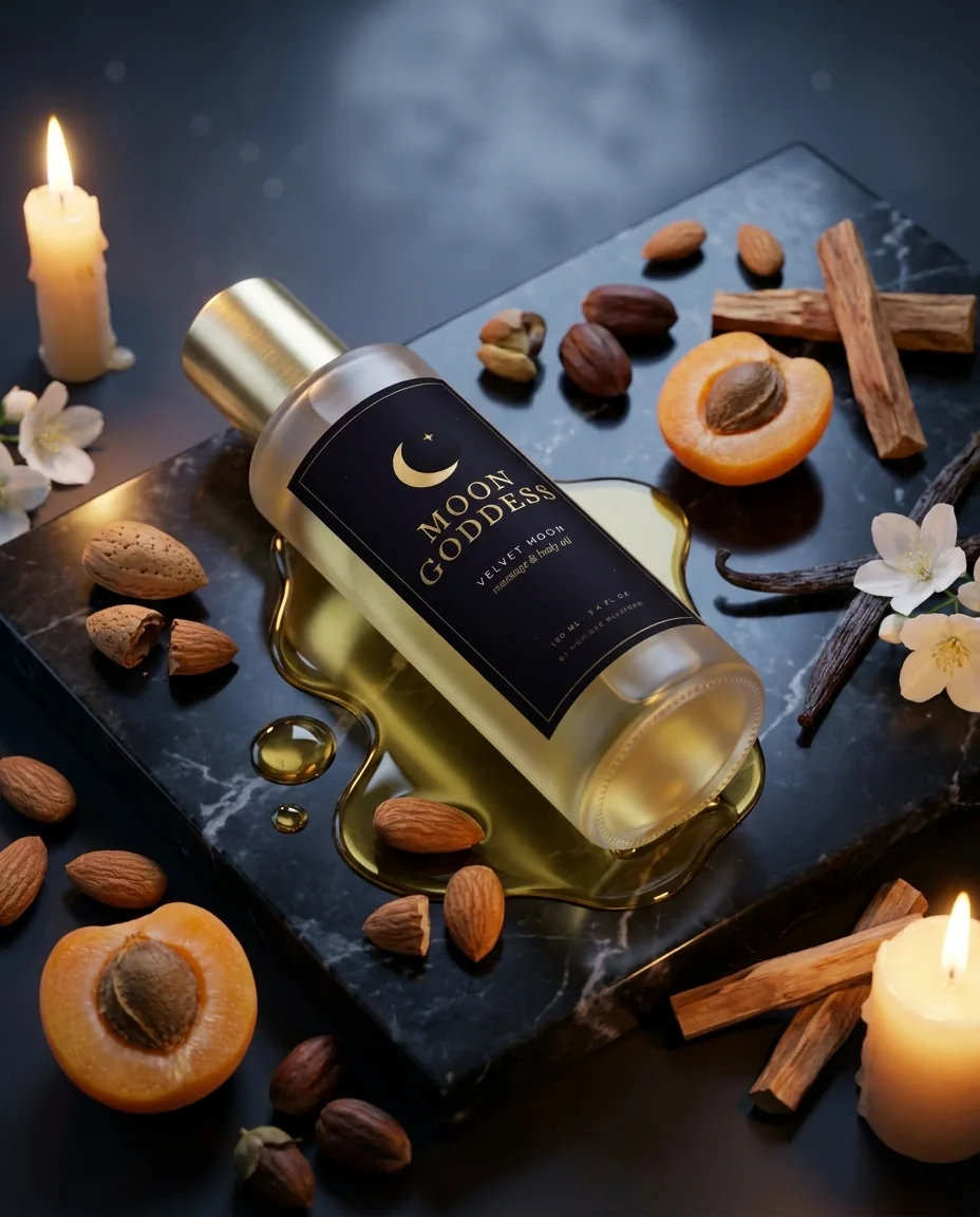 Velvet Moon body oil with almonds, apricots, vanilla and sandalwood