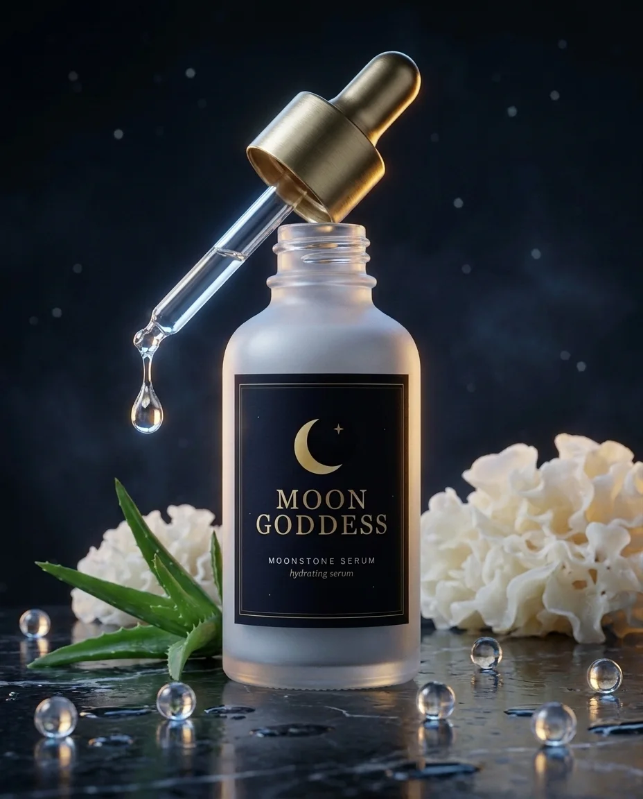 Moonstone Serum with fresh aloe leaves and water droplets